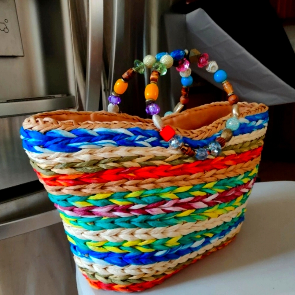 Straw  Rainbow Woven Handbag with Beaded Handle